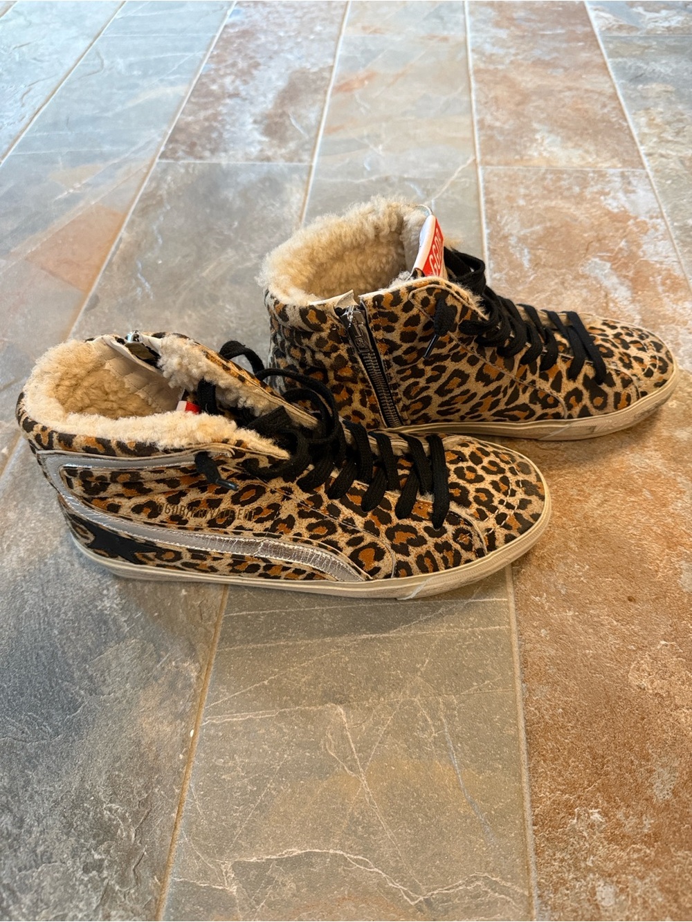 Golden Goose Leopard Print High-Top Sneakers with Shearling Trim